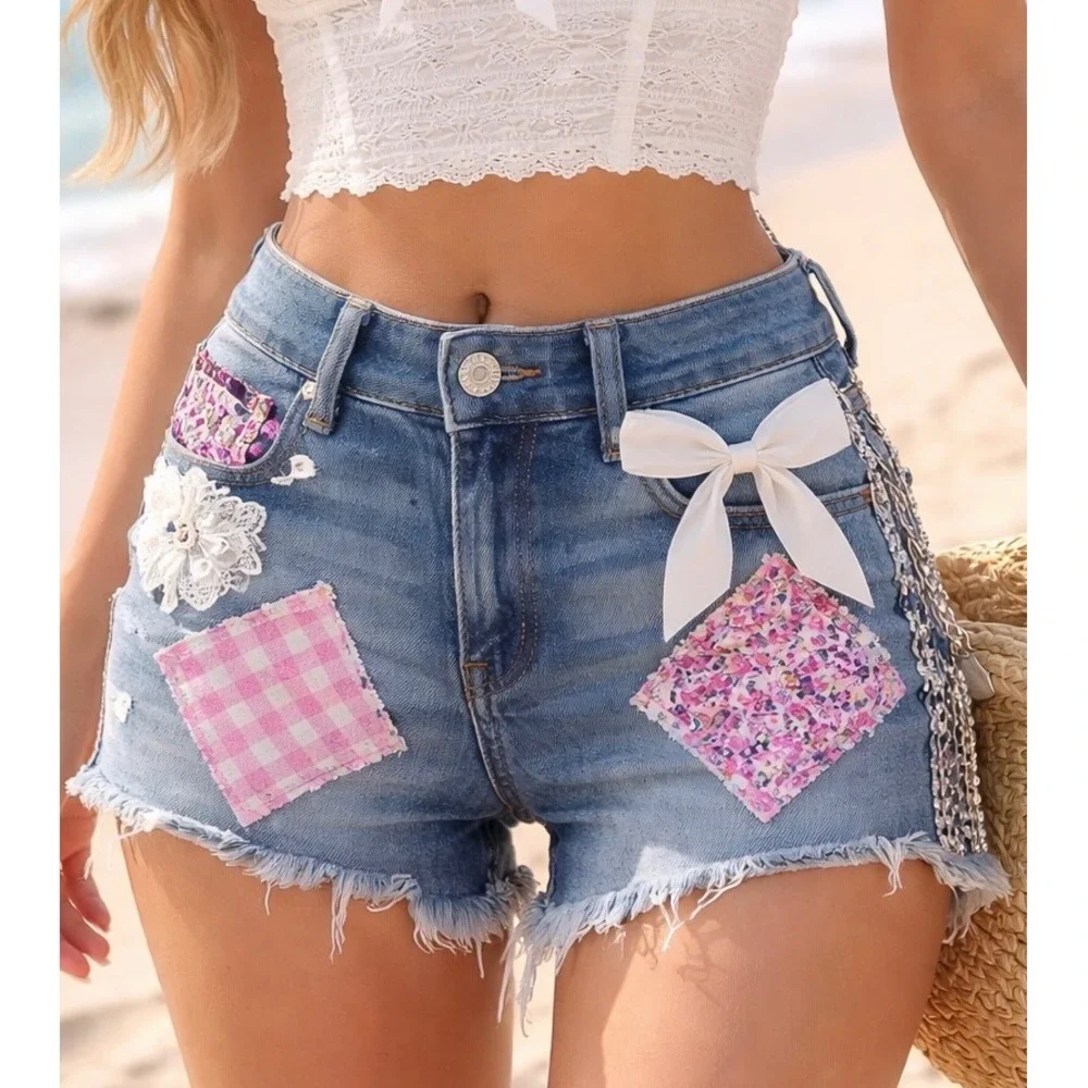 Upcycled Y2K Coquette‎ Denim Shorts 💕 Patchwork Lace Bow Festival Cottagecore